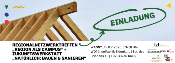 Invitation: Regional Network Meeting "Region as Campus" + Future Workshop "Naturally: Building & Renovating" WHEN? Thu, 6.7.2023, 1-6pm WHERE? Eldenland Island Factory | Str. des Friedens 10 | 19294 Neu Kaliß